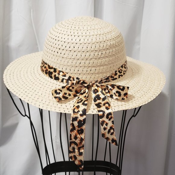 Fun Straw Sun Hat w/ Leopard Print Ribbon NWT - Picture 3 of 5
